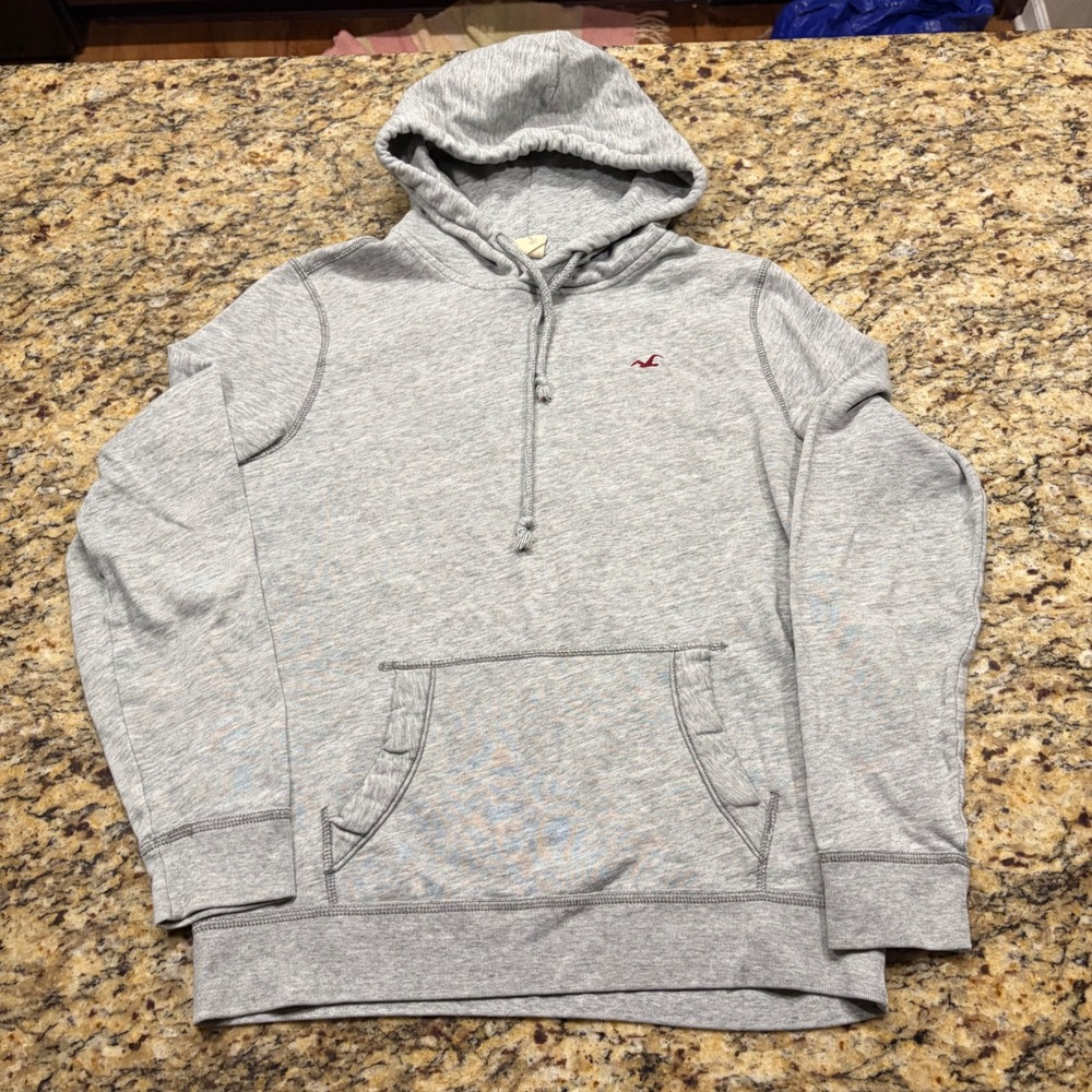 Hollister Mens Heather Gray Pullover Hoodie Seagull Logo Sweatshirt Size S